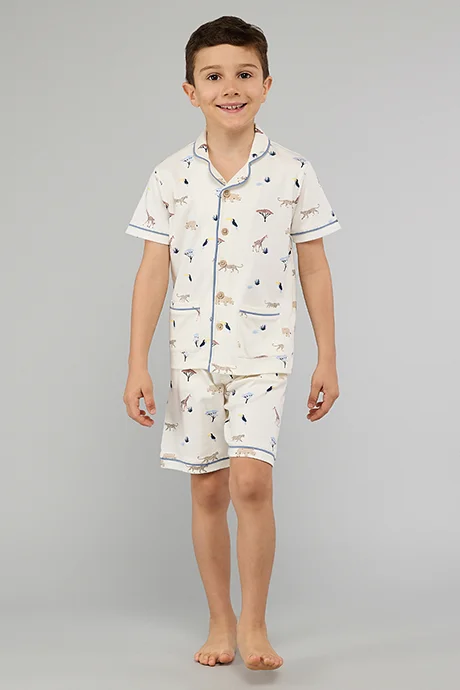 أر أند بي Printed Lapel Collar Shorts Pyjama Set