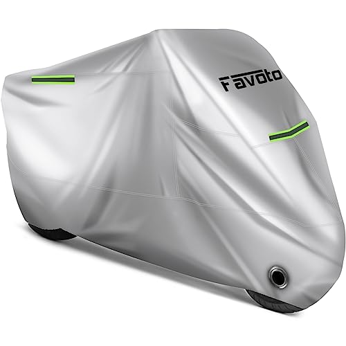 Favoto Motorcycle Cover Universal Heavy Duty Oxford Fabric with Lock-Hole 3 Night Reflectors Windproof Buckles Carrying Bag Waterproof Rain Dust Sun Outdoor Protection Silver, 96.5 inch - Image 1