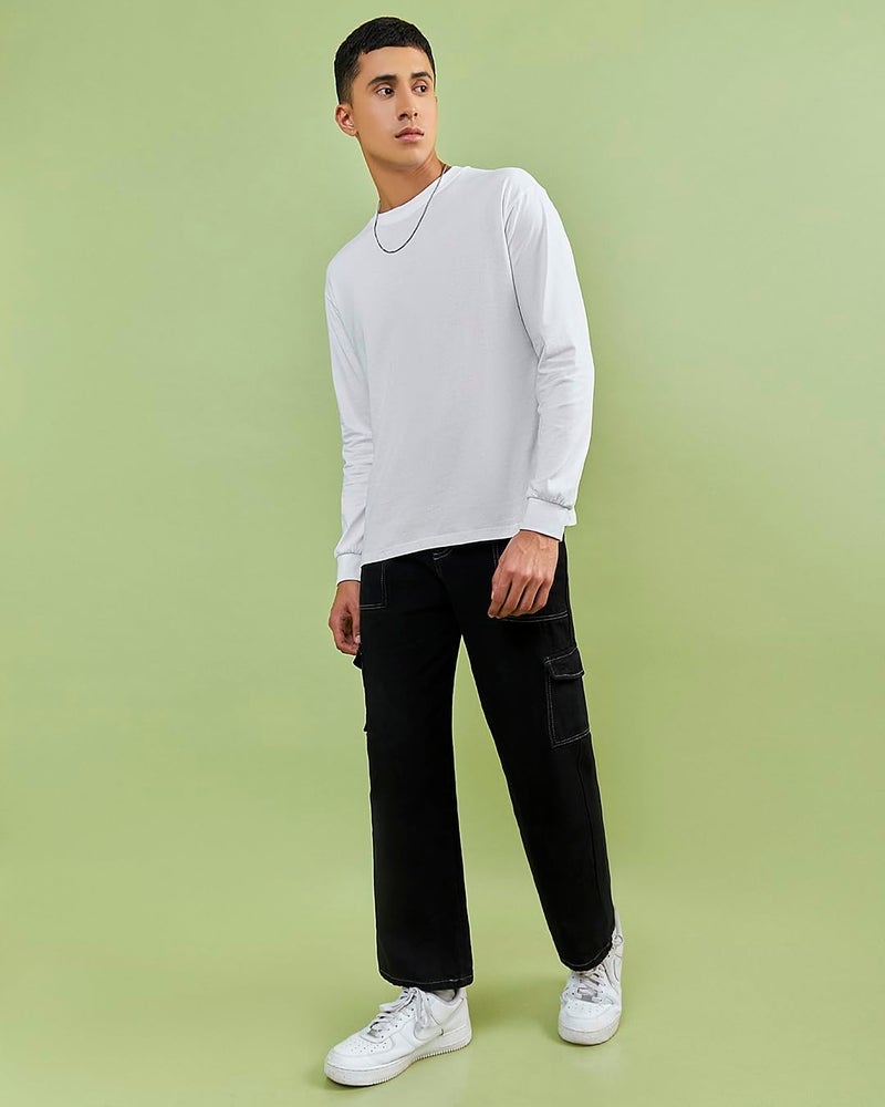 Bewakoof Men's Solid White Round Neck Full Sleeve Oversized T-Shirt - Image 5