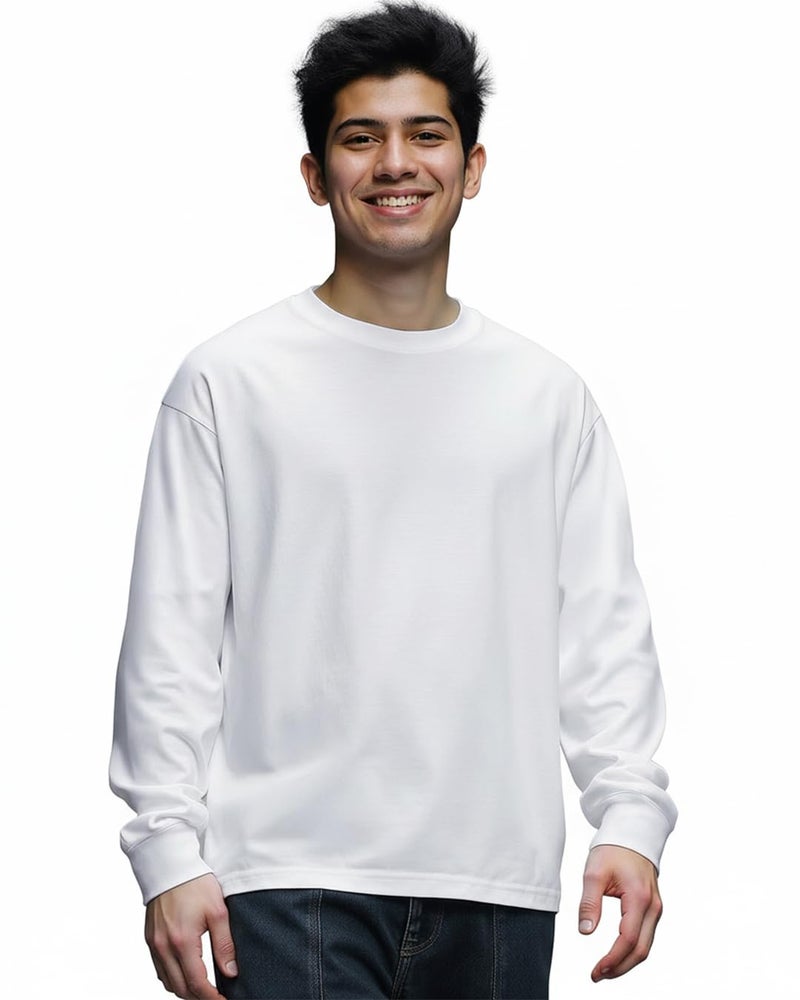 Bewakoof Men's Solid White Round Neck Full Sleeve Oversized T-Shirt - Image 1