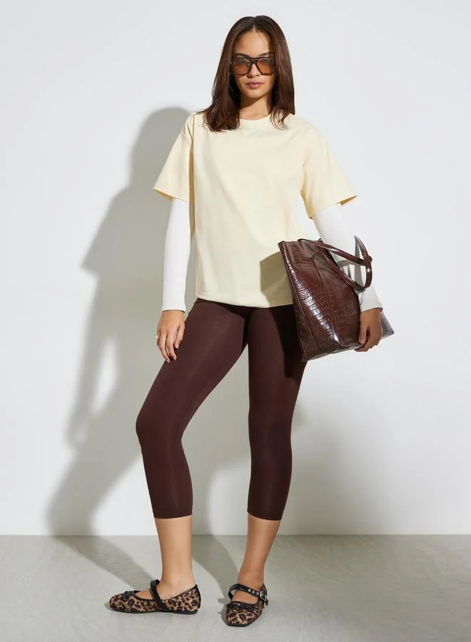Styli Beige Round Neck Oversized T-Shirt