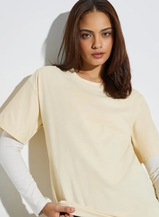 Styli Beige Round Neck Oversized T-Shirt