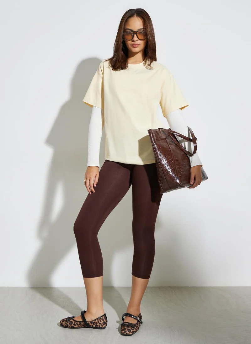 Styli Beige Round Neck Oversized T-Shirt