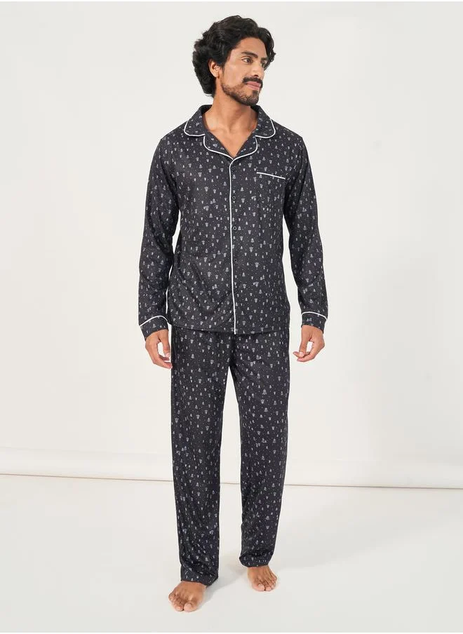 Styli All Over Print Long Sleeve Shirt & Open Hem Pyjama Set