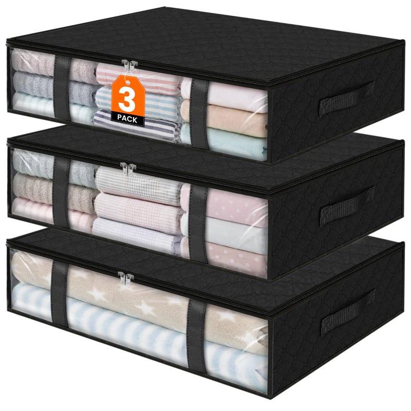StorageRight Under Bed Storage Bins, 3-Pack 40L Foldable Fabric Storage Bags with Transparent Window, Breathable Organizer for Clothes/Blanket/Comforter/Quiltr, Black - Image 1