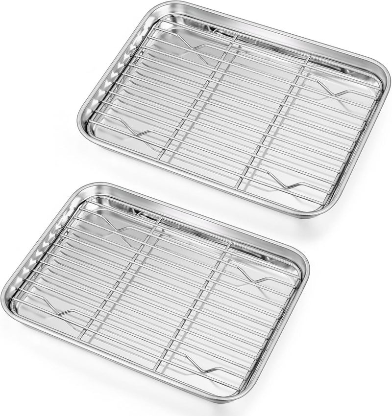 P&P CHEF 10.4 + 9 Inch Toaster Oven Pans with Racks, 4 Pieces Stainless Steel Oven Tray Baking Pan Sheet and Cooling Rack for Oven Cooking Roasting, Non Toxic & Dishwasher Safe - Image 1