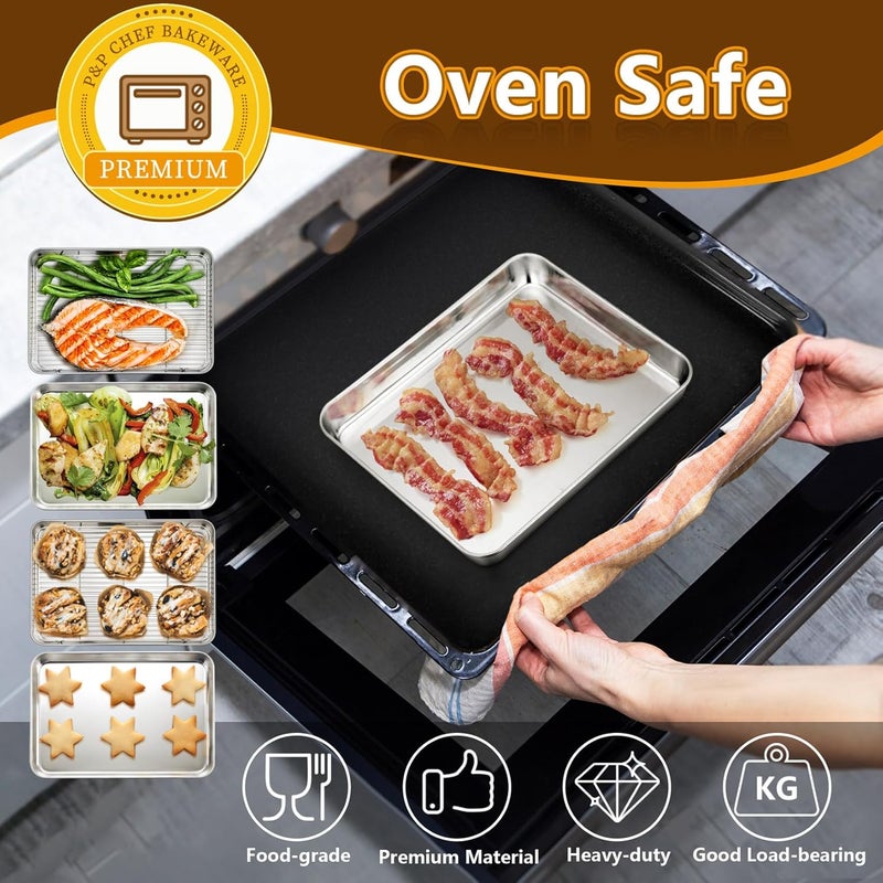 P&P CHEF 10.4 + 9 Inch Toaster Oven Pans with Racks, 4 Pieces Stainless Steel Oven Tray Baking Pan Sheet and Cooling Rack for Oven Cooking Roasting, Non Toxic & Dishwasher Safe - Image 5