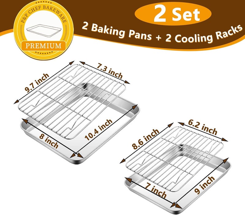 P&P CHEF 10.4 + 9 Inch Toaster Oven Pans with Racks, 4 Pieces Stainless Steel Oven Tray Baking Pan Sheet and Cooling Rack for Oven Cooking Roasting, Non Toxic & Dishwasher Safe - Image 2