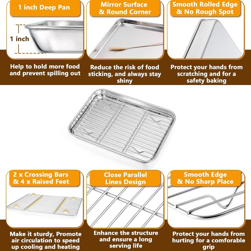 P&P CHEF 10.4 + 9 Inch Toaster Oven Pans with Racks, 4 Pieces Stainless Steel Oven Tray Baking Pan Sheet and Cooling Rack for Oven Cooking Roasting, Non Toxic & Dishwasher Safe - Image 3