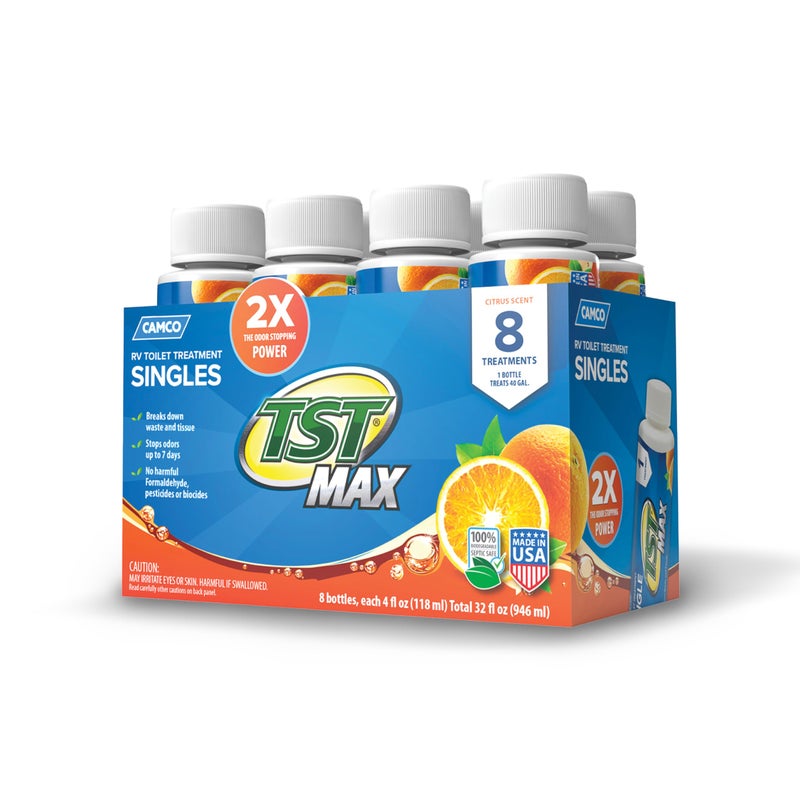 Camco TST MAX RV Toilet Treatment  Formaldehyde Free  Breaks Down Waste And Tissue  Septic Tank Safe  Treats up to 840 Gallon Holding Tanks Orange Scent 8 4 oz Bottles 41191 - Image 2