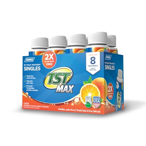 Camco TST MAX RV Toilet Treatment  Formaldehyde Free  Breaks Down Waste And Tissue  Septic Tank Safe  Treats up to 840 Gallon Holding Tanks Orange Scent 8 4 oz Bottles 41191 - Image 1