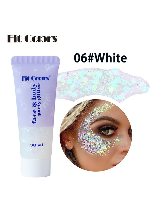 Fit Colors بريق للجسم والوجه، جل بريق للشعر، طلاء وجه بالترتر، إكسسوارات حفلات المغنين ومهرجانات الموسيقى والرقص، جل بريق وجه حورية البحر، طلاء وجه بالترتر بريق رقم 06# أبيض - Image 2