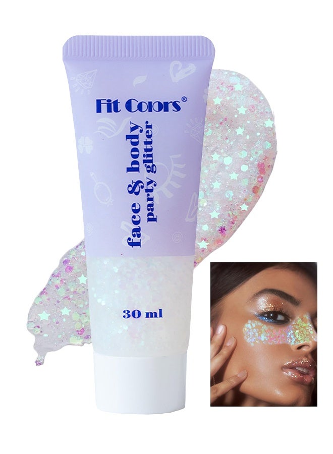 Fit Colors بريق للجسم والوجه، جل بريق للشعر، طلاء وجه بالترتر، إكسسوارات حفلات المغنين ومهرجانات الموسيقى والرقص، جل بريق وجه حورية البحر، طلاء وجه بالترتر بريق رقم 06# أبيض - Image 1