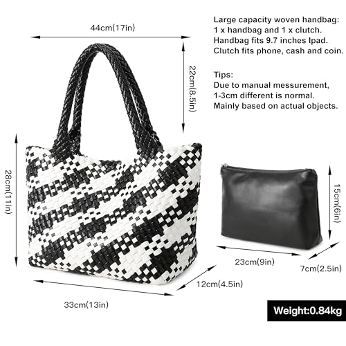 Queenoris Woven Bag for Women, Fashion Top Handle Shoulder Bag Vegan Leather Shopper Bag Large Travel Tote Bag (Black+White) - Image 3