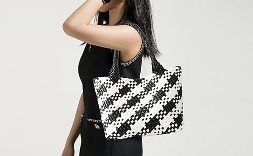 Queenoris Woven Bag for Women, Fashion Top Handle Shoulder Bag Vegan Leather Shopper Bag Large Travel Tote Bag (Black+White) - Image 2