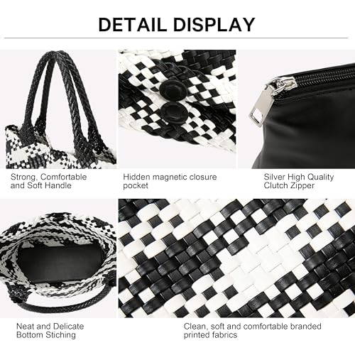 Queenoris Woven Bag for Women, Fashion Top Handle Shoulder Bag Vegan Leather Shopper Bag Large Travel Tote Bag (Black+White) - Image 5