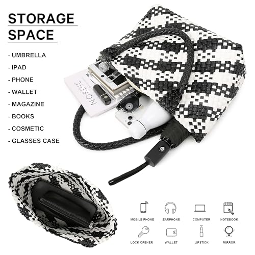 Queenoris Woven Bag for Women, Fashion Top Handle Shoulder Bag Vegan Leather Shopper Bag Large Travel Tote Bag (Black+White) - Image 4