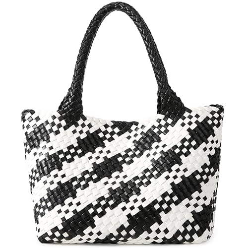Queenoris Woven Bag for Women, Fashion Top Handle Shoulder Bag Vegan Leather Shopper Bag Large Travel Tote Bag (Black+White) - Image 1