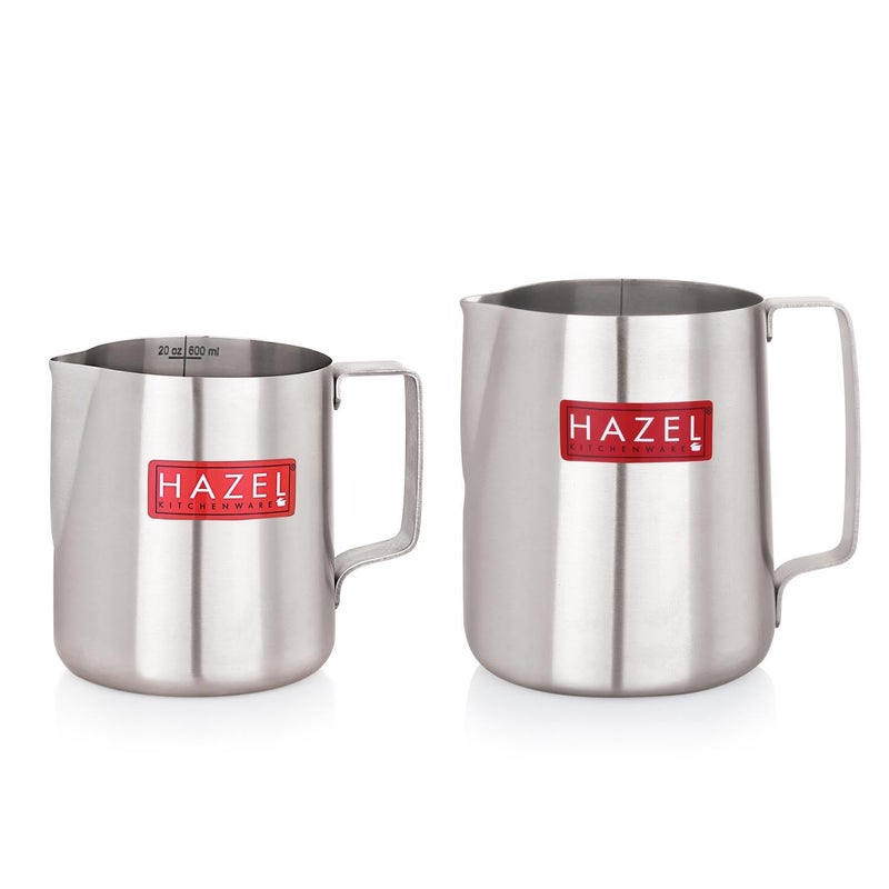 Hazel HAZEL Stainless Steel Tea Coffee Milk Frothing Pitcher Serving Pot with Handle Spill Proof Pouring 600 ML 800 ML Set of 2  - Image 1