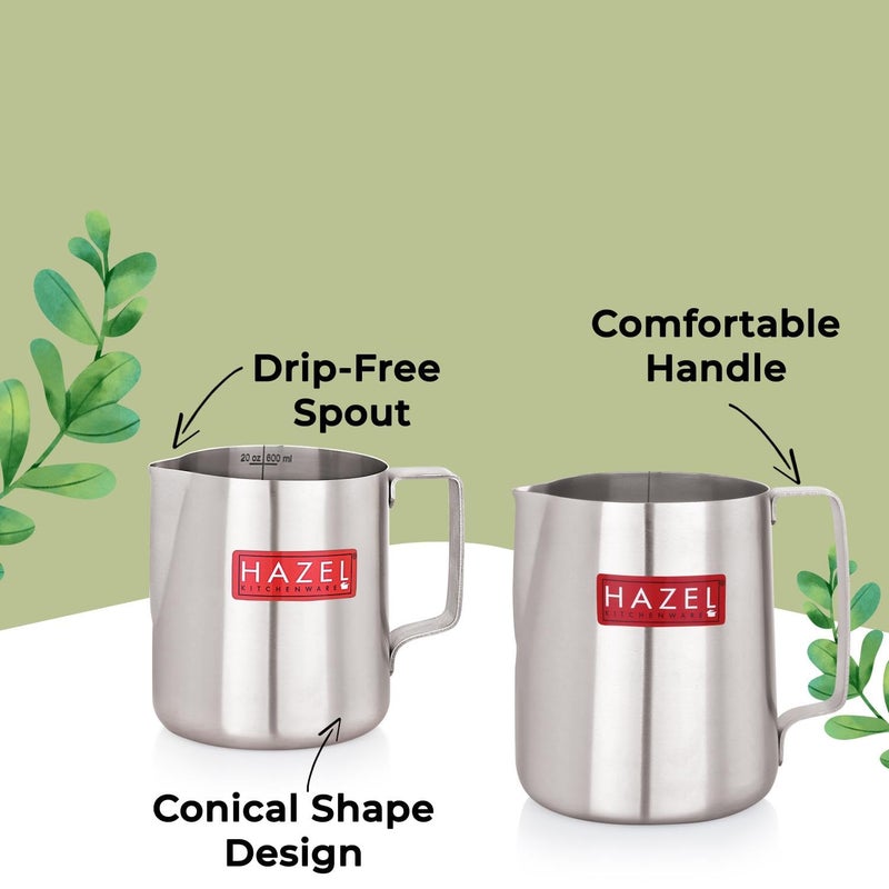Hazel HAZEL Stainless Steel Tea Coffee Milk Frothing Pitcher Serving Pot with Handle Spill Proof Pouring 600 ML 800 ML Set of 2  - Image 4