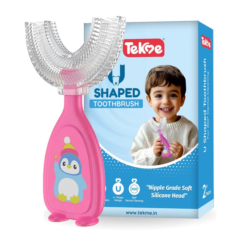 tekme U Shaped Toothbrush for Kids, Food Grade Soft Silicone Brush Head, 360° Oral Teeth Cleaning Tools, Children Infant U Shape Manual Toothbrush (2-6 Years | Pink) - Image 1
