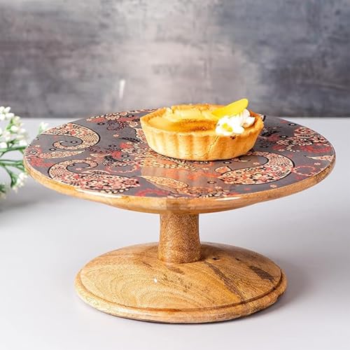 nestroots Printed Grey Hygge Mango Wood Cake Stand | 10-Inch Dessert Platter for Cupcakes, Pies & Pastries | Stylish Display for Parties, Weddings & Home Decor - Image 1