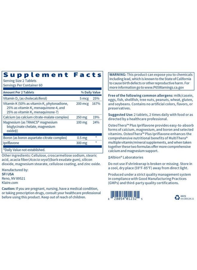 Klaire Labs - Osteothera Plus Ipriflavone Tablets Hypoallergenic & Multifactorial Calcium Complex & Isoflavone Derivative Bone Support Formula With Vitamin K D3 Magnesium & Boron (120 Tablets) - Image 1