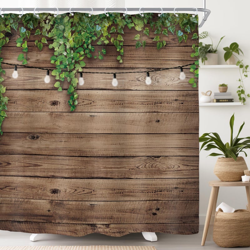 Riyidecor Brown Barn Door Shower Curtain Farmhouse Farm Outdoor Rustic Garden Country Scenery Wooden Wall Green Leaves Antique Bathroom Home Decor Waterproof Polyester 72WX72H Inch 12 Pack Hooks