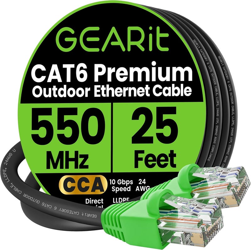 GearIT RJ45 Cat-6 Ethernet Patch Cable, 10Gpbs Transfer Speed, Gold-Plated Connectors, Copper Clad, Outdoor, UV Resistant, Direct Burial, Waterproof, Durable, 25 Foot (7.6 Meters), Black - Image 1