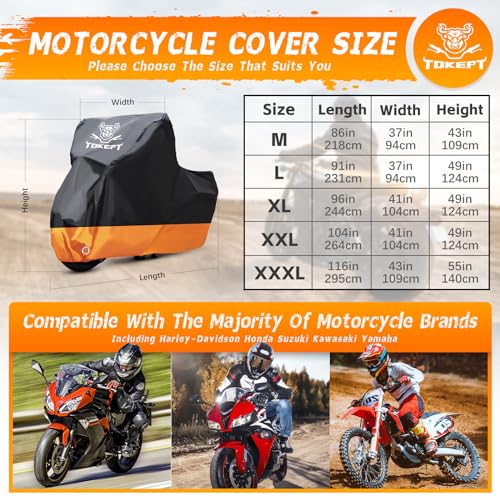 Tokept Motorcycle Cover, All-Season Waterproof Outdoor Sun Protection Fit up to 116 Inch Harley-Davidson Honda Suzuki Kawasaki Yamaha (XXXL Black&Orange) - Image 2