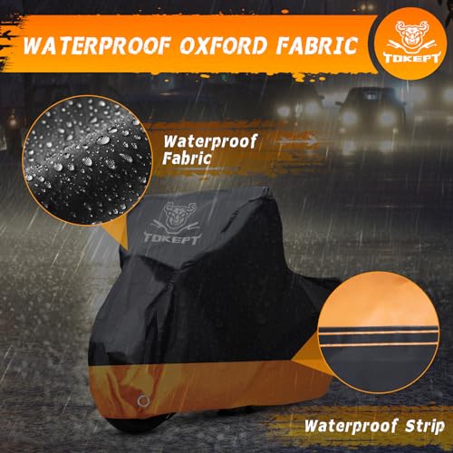 Tokept Motorcycle Cover, All-Season Waterproof Outdoor Sun Protection Fit up to 116 Inch Harley-Davidson Honda Suzuki Kawasaki Yamaha (XXXL Black&Orange) - Image 4