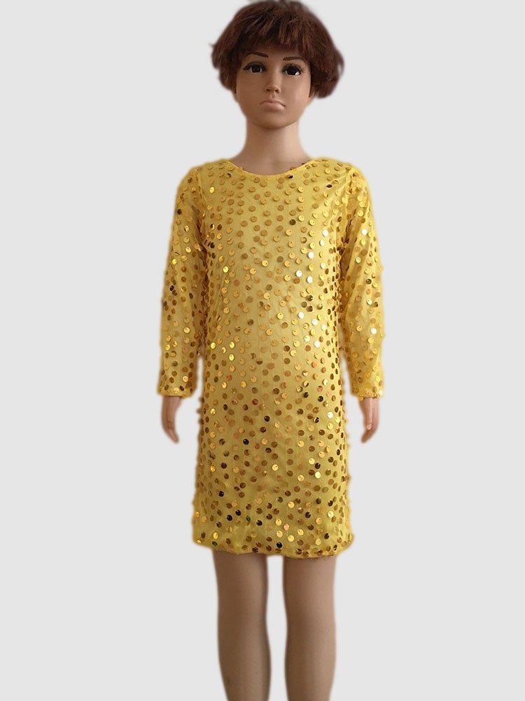 Sequin Dress Long Sleeve Dancing Dress Girl Baby Group Singing Long Dress Stretch Shiny Princess Dress - Image 4