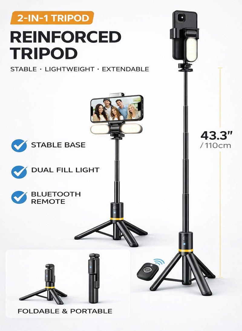 Neyecam 110cm (43.3") Extendable Selfie Stick Tripod with Dual Fill Lights, Rechargeable Bluetooth Remote, Removable LED Light, Compatible with iPhone & Android Phones, for Travel, Vlogging, Video & Photography - Image 1