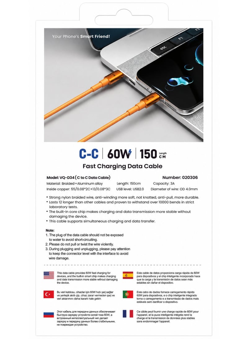 ميكسل كابل شحن سريع MICCELL USB C إلى USB C، 60 واط 3 أمبير، سلك بيانات مضفر بالنايلون بطول 1.5 متر - برتقالي - Image 3