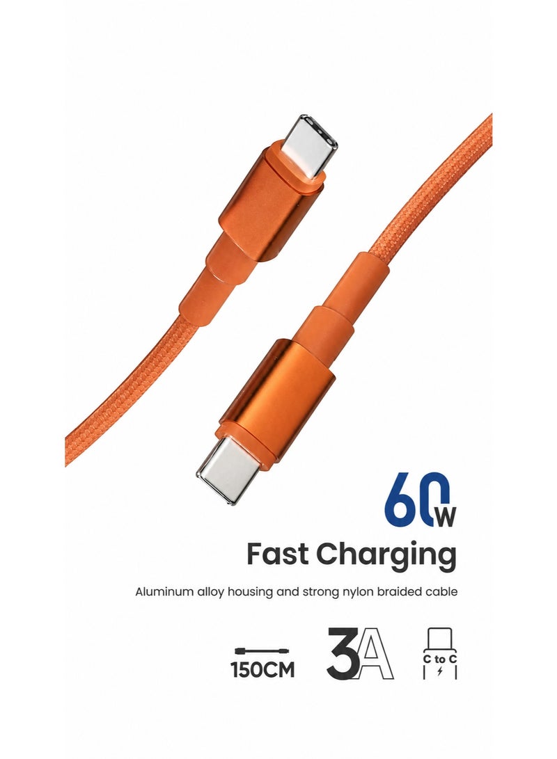 ميكسل كابل شحن سريع MICCELL USB C إلى USB C، 60 واط 3 أمبير، سلك بيانات مضفر بالنايلون بطول 1.5 متر - برتقالي - Image 2