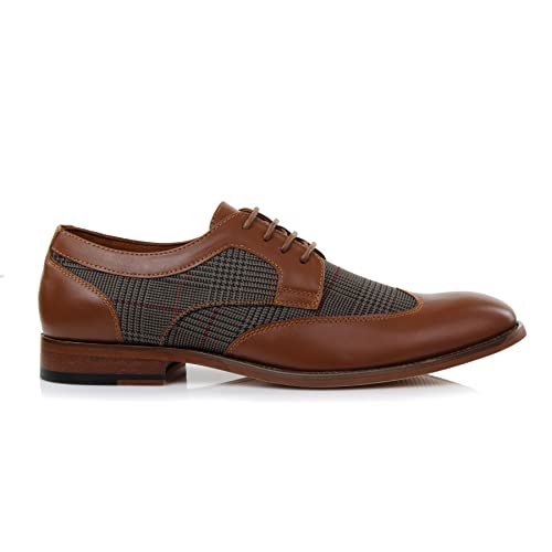 Ferro Aldo Men's Julian Wingtip Oxford Style Dress Shoes | Two-Tone Plaid Spectator Shoes | MFA19266A | in Cognac Brown Plaid, Size 13 - Image 2
