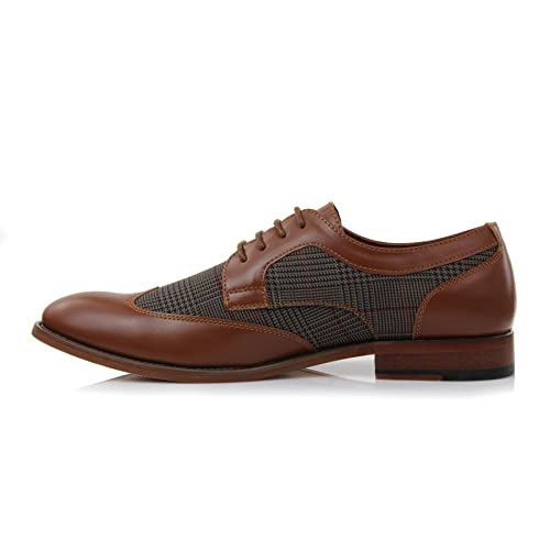 Ferro Aldo Men's Julian Wingtip Oxford Style Dress Shoes | Two-Tone Plaid Spectator Shoes | MFA19266A | in Cognac Brown Plaid, Size 13 - Image 4