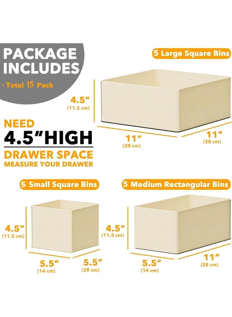 Anmi 15 PCS Foldable Drawer Organiser set for Clothes, Socks, Bras, Underwear, Towels, Leggings, Jeans and Sweaters –Stylish Fabric Storage Organizer Set in 3 Sizes, Wardrobe Organizers  (Beige) - Image 2