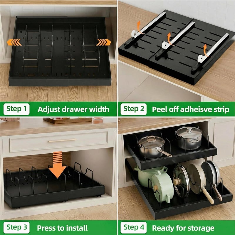 SALADAYS Extendable Pot and Pan Organizer for Cabinet, Heavy-Duty Iron Pull-Out Drawer, No-Drill Adhesive & Screw-in 2 Installation Methods, Under Sink & Cabinet Storage for Kitchen - Image 3