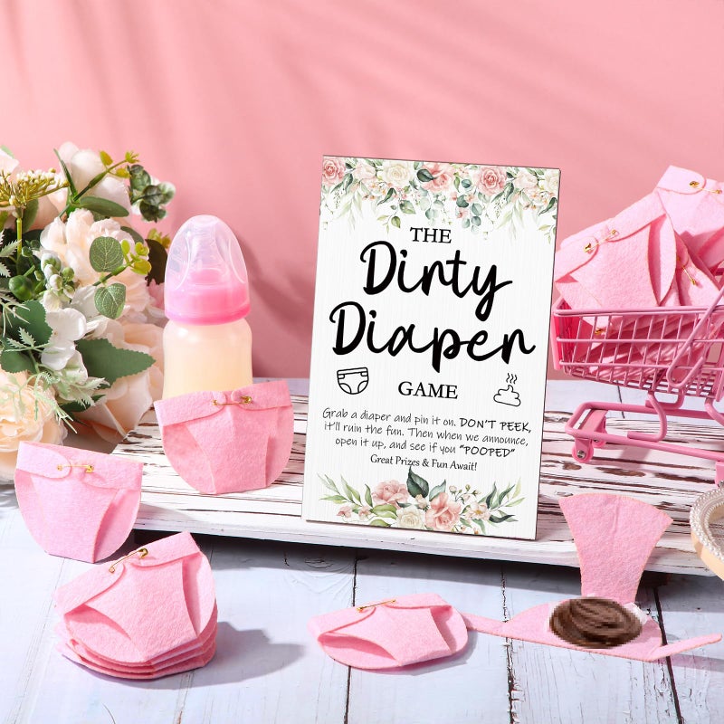 Roowest 51 Pcs Dirty Diaper Baby Shower Games Funny Wooden Sign with 50 Pcs Mini Diapers Cute Felt for Gender Reveal Party Baby Shower(Pink Flower) - Image 5