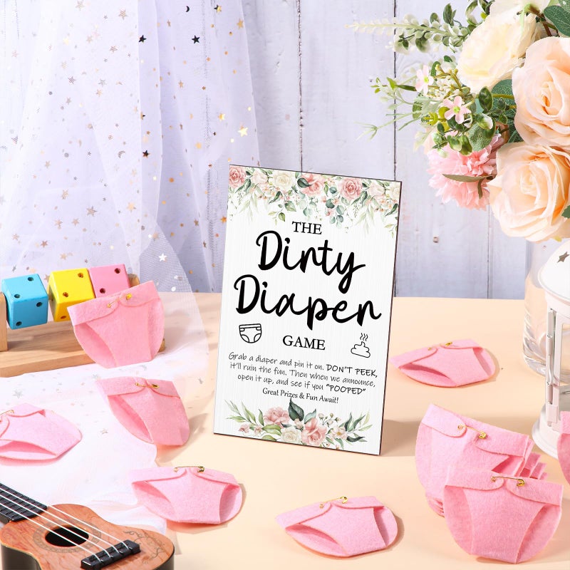 Roowest 51 Pcs Dirty Diaper Baby Shower Games Funny Wooden Sign with 50 Pcs Mini Diapers Cute Felt for Gender Reveal Party Baby Shower(Pink Flower) - Image 4