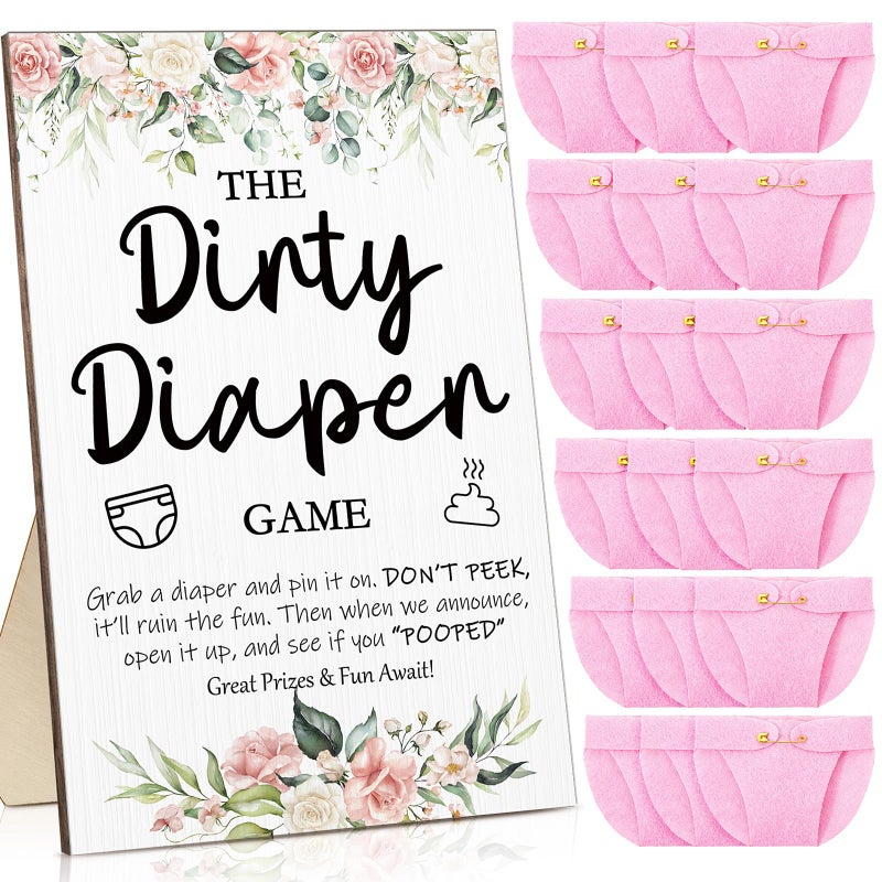Roowest 51 Pcs Dirty Diaper Baby Shower Games Funny Wooden Sign with 50 Pcs Mini Diapers Cute Felt for Gender Reveal Party Baby Shower(Pink Flower) - Image 1