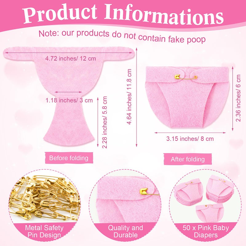 Roowest 51 Pcs Dirty Diaper Baby Shower Games Funny Wooden Sign with 50 Pcs Mini Diapers Cute Felt for Gender Reveal Party Baby Shower(Pink Flower) - Image 3