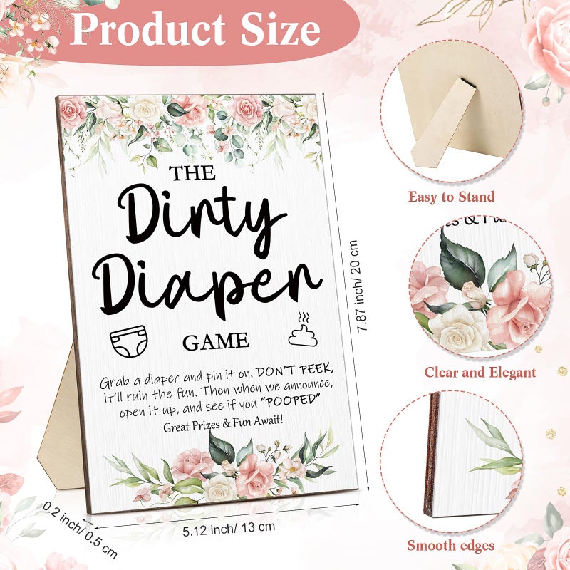 Roowest 51 Pcs Dirty Diaper Baby Shower Games Funny Wooden Sign with 50 Pcs Mini Diapers Cute Felt for Gender Reveal Party Baby Shower(Pink Flower) - Image 2
