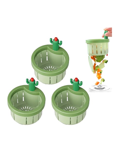 3PCS Cactus Kitchen Sink Drain Strainer, Press Automatic Dumping Basket, Multi-Functional Home Use Sink Draining Basket Filter Net Lifting Basket, Kitchen Waste Collector Filter for Sinks (Green)