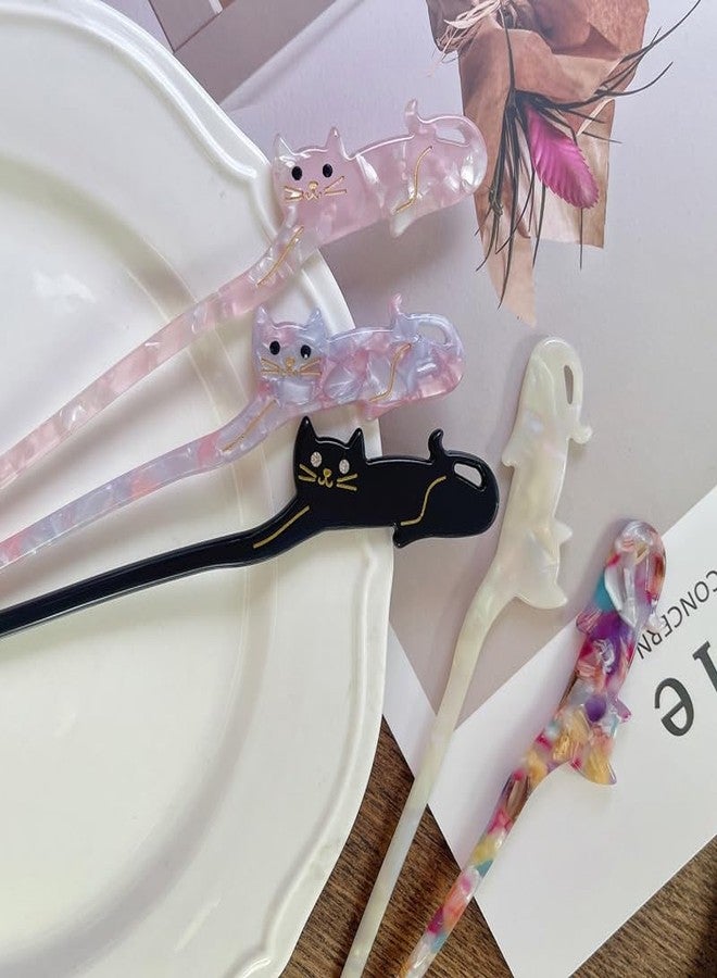 SIMAR ART Cute Cat Hair Stick for Women - 2 Pcs Random Color Hairpin Set | Acrylic Cat Design Hair Chopsticks for Bun, Updo, and Daily Hairstyle Accessories - Image 3