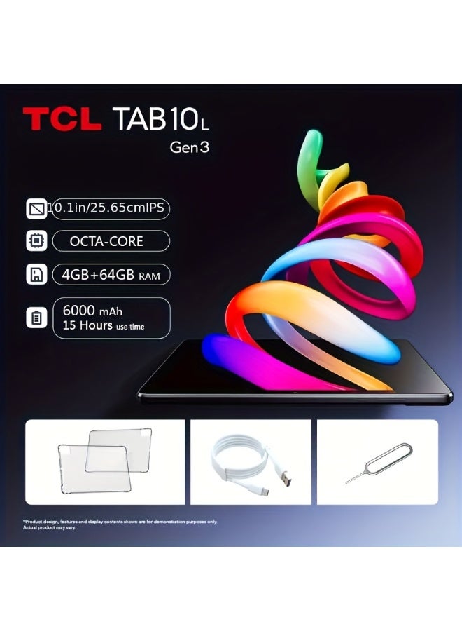 TCL Advanced تابلت TCL TAB 10L الجيل 3 | تابلت أندرويد 14 | 4GB + 64GB، قابل للتوسيع إلى 1TB | معالج ثماني النواة | بطارية 6000mAh | وضع راحة العين/وضع القراءة | USB-C | تصميم معدني | غلاف TPU متضمن (نسخة الإمارات) - Image 1