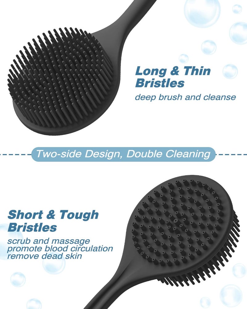 Manmihealth Silicone Back Scrubber(Thin Bristles) & Soft Bath Glove Set, Super-Cleaning Body Scrubber & Super-Lathering Shower Brush Combination, with a Free Hook. (Black) - Image 3