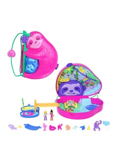 Polly Pocket Playset and Travel Toy with 2 Micro Dolls and 12 Accessories, Animal Toy, Sloth 2-in-1 Purse Compact  - Image 1