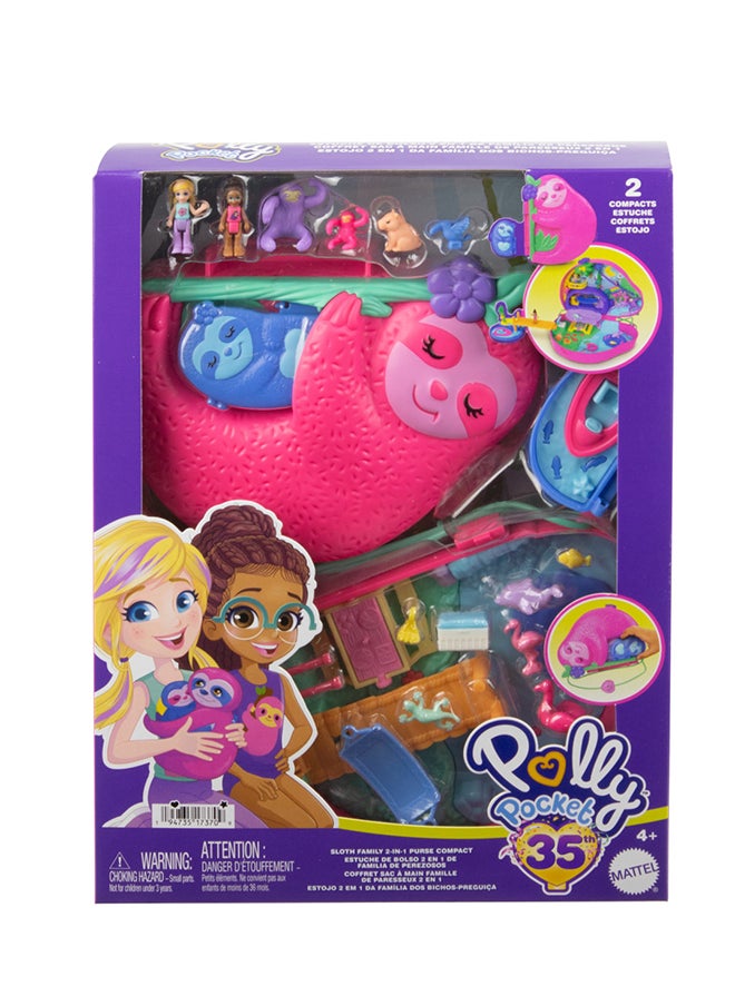 Polly Pocket - Playset and Travel Toy with 2 Micro Dolls and 12 Accessories, Animal Toy, Sloth 2-in-1 Purse Compact - Image 1